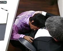 Business DILF spoils ass of skinny Asia twink in office